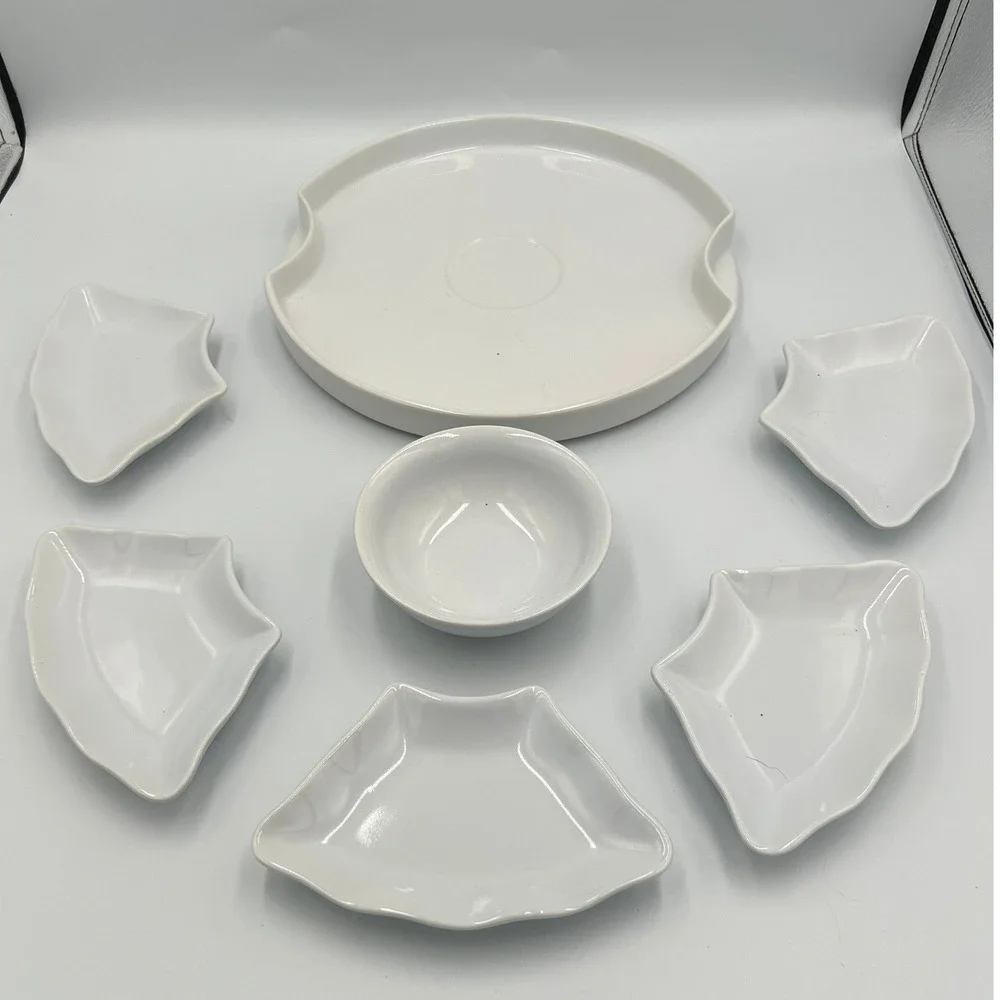 Anchor Hocking Ceramic Dip Platter Serving Set White Very Good 7pc